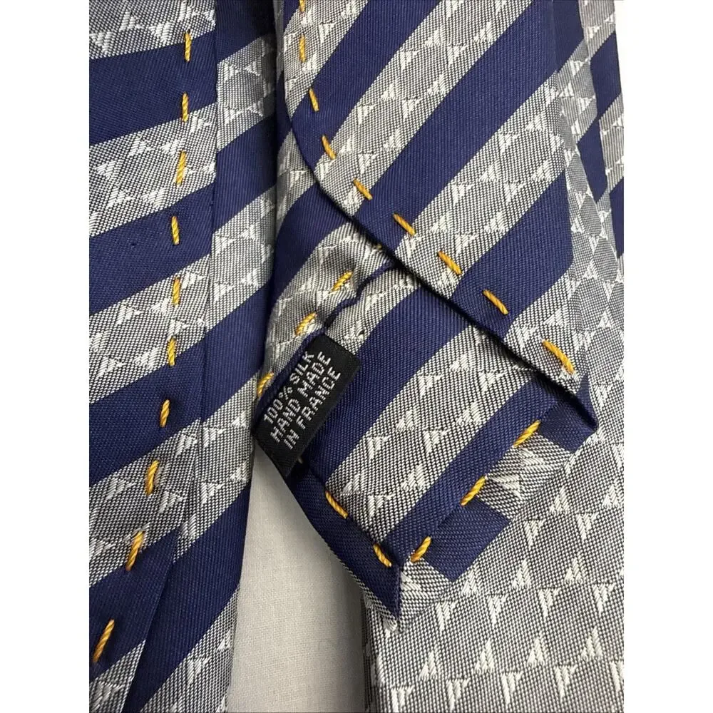 Eddia Men's Silk Tie Luxury Blue And Silver Stripe Textured Geometric Pattern